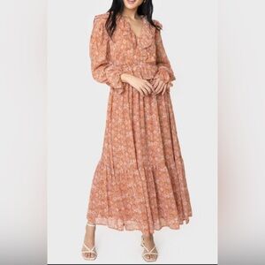 Anthropologie‎ Moon River Peasant Ruffle Long Sleeve Tired Maxi Dress Sz XS